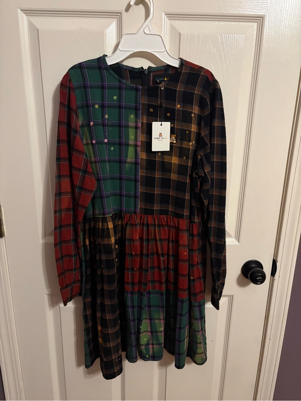 Teddy Fresh Red, Green, Black Plaid Patchwork Mini Dress - Picture 2 of 4
